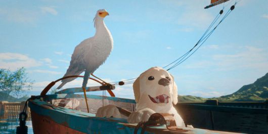 뱀잡이수리가 보트의 키를 잡고 운전하고 명랑한 골든리트리버가 그 옆에서 웃고있다.