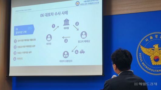 경찰이 17일 서울경찰청 마포청사에서 급전이 필요한 외국인과 공모해 대포차량을 취득한 유통업자들의 신종 사기 수법에 대해 설명하고 있다. 안효정 기자.