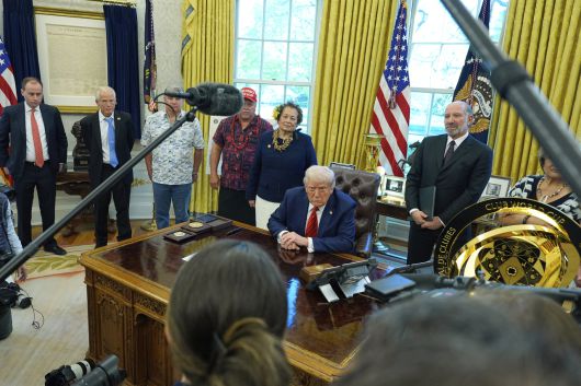 도널드 트럼프 미국 대통령이 17일(현지시간) 백악관 집무실에서 취재진의 질문을 받고 있다. [AP]