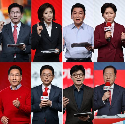 국민의힘 대선 경선 후보들이 18일 서울 강서구 ASSA아트홀에서 열린 국민의힘 ‘제21대 대통령후보자 1차 경선 비전대회’에서 비전을 발표하고 있다.  윗줄 왼쪽부터 김문수·나경원·안철수·양향자 후보. 아랫줄 왼쪽부터 유정복·이철우·한동훈·홍준표 후보. [연합]