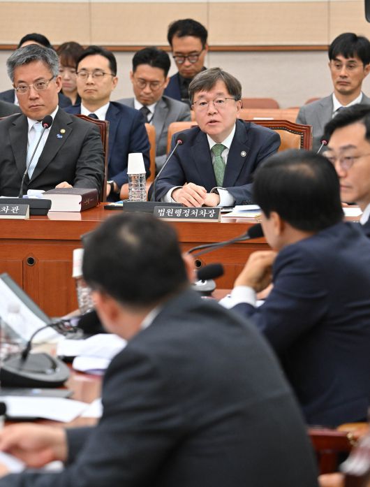 배형원(오른쪽) 법원행정처차장이 2일 오전 서울 여의도 국회에서 열린 법제사법위원회 전체회의에 참석해 의원들의 질의에 답변하고 있다. 임세준 기자