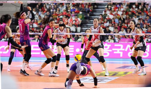 지난달 8일 인천 삼산월드체육관에서 열린 프로배구 V리그 여자부 챔피언결정전 흥국생명과 정관장의 5차전 경기. 정관장 부키리치가 넘긴 공이 흥국생명 코트 위로 떨어지고 있다. [연합]