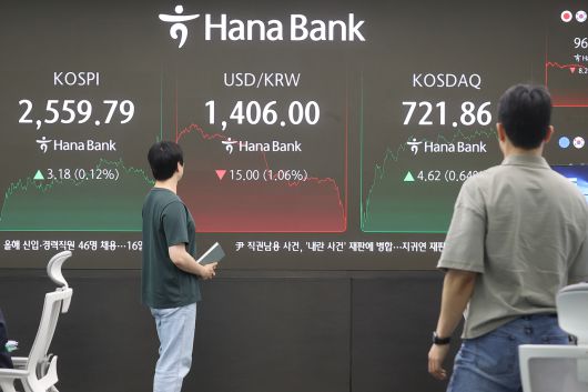 코스피가 2일 2,550대에서 강보합으로 마감했다. 이날 코스피 지수는 전장보다 3.18포인트(0.12%) 오른 2,559.79로 장을 마쳤다. 이날 장을 마친 서울 하나은행 본점 딜링룸에서 직원들이 업무를 보고 있다. [연합]