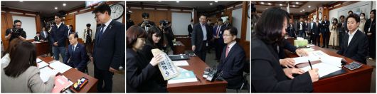 왼쪽부터 10일 이재명 더불어민주당 대선 후보를 대신해 후보 등록을 하고 있는 김윤덕 사무총장, 이날 후보 등록을 한 김문수 국민의힘 대선 후보, 전날 후보 등록을 한 이준석 개혁신당 대선 후보. [연합]