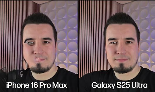 기괴한 사진의 아이폰16 프로맥스(왼쪽)와 갤럭시S25 울트라 (오른쪽) AI기능 비교   [맥스 테크(Max Tech)] 화면 캡처