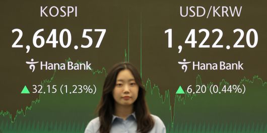 14일 서울 중구 하나은행 본점 딜링룸에 코스피 지수 등이 표시되고 있다. 이날 코스피 지수 종가는 전 거래일 대비 32.15포인트(1.23%) 오른 2,640.57로 집계됐다. 원/달러 환율은 4.2원 오른 1,420.2원(15:30 종가). [연합]
