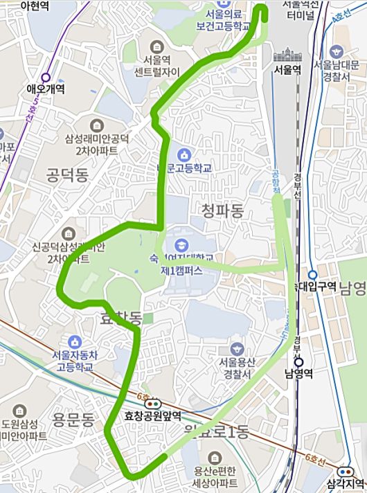 마을버스 용산 04번 노선도. 기사들은 서울역 서부에서 출발해 효창공원→대한노인회중앙회→용산경찰서→남영역→숙대입구역 등을 거쳐 다시 서부역으로 돌아오는 노선을 하루 7~8시간씩 동안 돈다. [네이버 지도 캡처]
