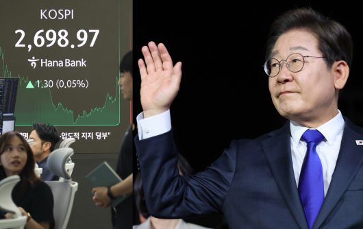 이재명(오른쪽) 대통령이 4일 서울 영등포구 민주당 당사로 들어가고 있다. 지난 2일 코스피는 1.30p(0.05%) 오른 2,698.97로 장을 마쳤다. 사진은 지난 2일 서울 하나은행 본점 딜링룸 모습. [연합, 신동윤 기자 정리]