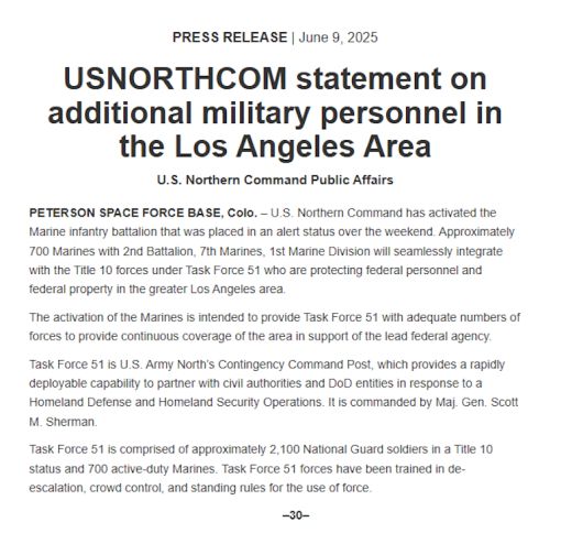 미국 펜타곤(국방부)가 9일(현지시간) 캘리포니아주 로스앤젤레스(LA)에서 발생하는 시위에 대해 약 700명의 해병대원을 현장에 파견한다는 내용의 발표문. [미 국방부 캡처]