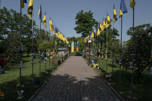 우크라이나 중부 지역 드니프로페트로우스크주의 한 전몰 장병 추모시설에서 우크라이나기가 걸려 있다. [AFP]