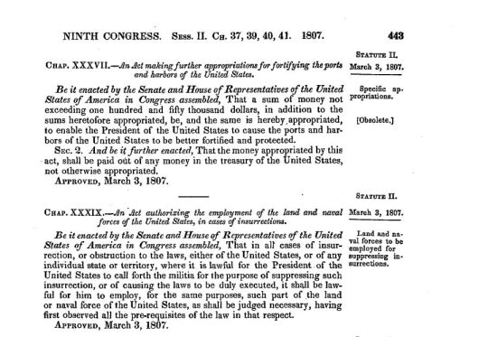 1807년에 제정된 반란법에 대한 설명.  미국 인디언들의 ‘적대적인 침입’에 대항해 대통령이 민병대를 소집할 수 있도록 처음 제정됐다. [미국 의회]