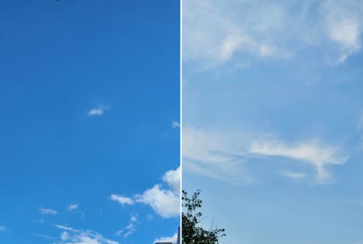 동일한 휴대폰 기종으로 촬영된 일본 도쿄(왼쪽)와 한국 서울(오른쪽)의 하늘. 이날 서울의 미세먼지 농도는 ‘좋음’ 수준을 기록했다.[독자 제공]