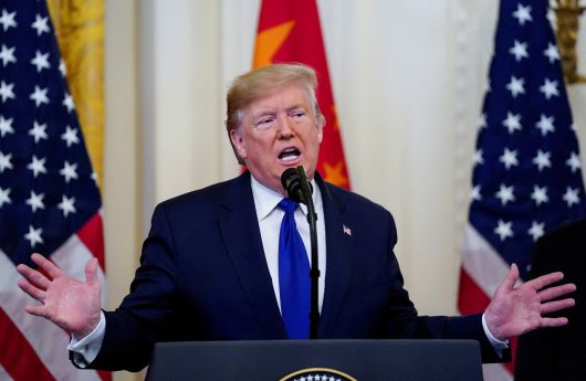 도널드 트럼프 미국 대통령이 지난 2020년 1월 미국 워싱턴 백악관 이스트룸에서 미중 무역 협정의 ‘1단계’ 서명에 앞서 연설하고 있다. [로이터]