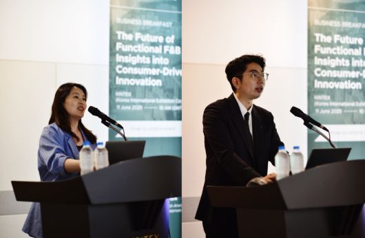 문경선 유로모니터 코리아 총괄 연구원(왼쪽)과 박상화 책임 연구원이 ‘2025 글로벌 기능성 식음료 트렌드’ 를 발표하고 있다. [유로모니터 제공]