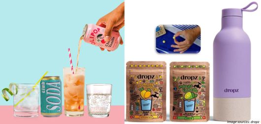 미국 기능성 탄산음료 올리팝(왼쪽), 스위스 드롭(dropz)의 텀블러 세트 [각사 홈페이지]