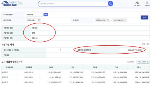 비트코인 증여가액을 계산할 때 홈텍스를 이용하면 손쉽게 시가를 구할 수 있다. [홈텍스 갈무리]