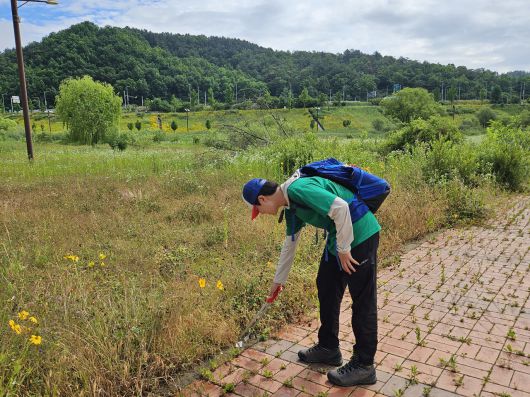 14일 강원도 영월에서 클린하이커스가 주최해 열린 ‘제1회 쓰레기줍기대회’에 참가한 이다온(13) 씨가 쓰레기를 줍고 있다. 김광우 기자.