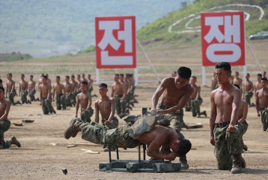 노동당 기관지 노동신문은 특수작전구분대 전술종합훈련과 땅크(전차)병구분대 대항경기, 시범화력협동훈련이 전날 조선인민군 수도방어군단 제60훈련소에서 진행됐다며 김 위원장이 참관했다고 14일 보도했다. [평양 노동신문=뉴스1]