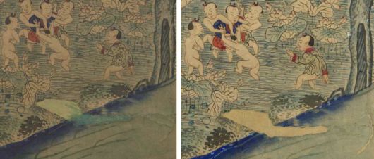 미국 덴버박물관 소장 ‘백동자도 병풍’에서 과거 보수 과정에서 덧칠된 녹색 인공안료가 제거됐다. [국립고궁박물관]