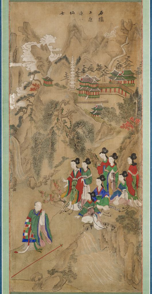 미국 포틀랜드미술관 소장 ‘구운몽도 병풍’. 성진이 팔선녀를 만나는 장면. [국립고궁박물관]