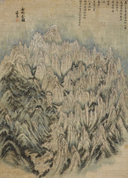 정선이 처음부터 마지막까지 가장 많이 그린 주제가 금강산이다. 겨울 금강산인 개골산을 위에서 내려다 본 시점으로 그린 대표작 ‘금강전도’. [호암미술관]