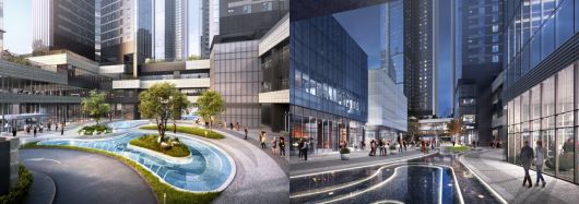 르엘 리버파크 센텀 단지에 설치될 캐널스트리트(사진 왼쪽)와  단지내부수로(사진 오른쪽) [롯데건설, 백송홀딩스]