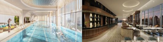 3300평에 달하는 커뮤니티 시설에 들어서는 ‘리버뷰 아쿠아풀’(사진 왼쪽)과 시그니처 살롱 [롯데건설, 백송홀딩스]