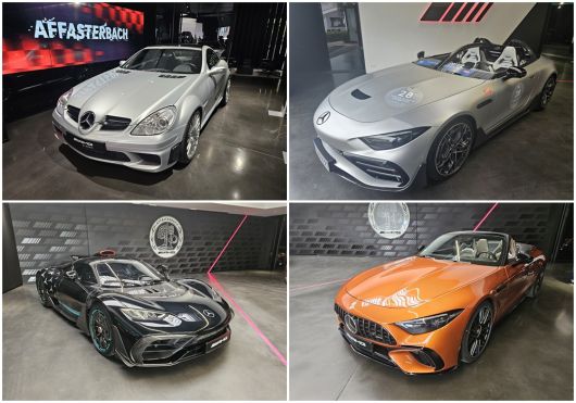 벤츠 SLK를 기반으로 제작한 고성능 모델 ‘SLK 55 AMG’(왼쪽 위부터 시계방향), 2인승 스피드스터 ‘AMG 퓨어스피드’, SL 63 AMG, 브랜드 최초 하이브리드 하이퍼카 AMG ONE. 독일 아팔터바흐=서재근 기자