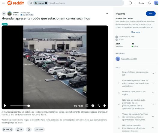 미국 웹 커뮤니티 레딧(reddit)에 공유된 발레파킹 기술PR 영상 [현대차그룹 제공]