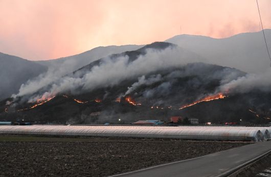 경상남도 산청군 시천면에서 시작된 산불이 하동군 옥종면 두양리 경계지점까지 번져 불타고 있다.[경남도민일보 제공]