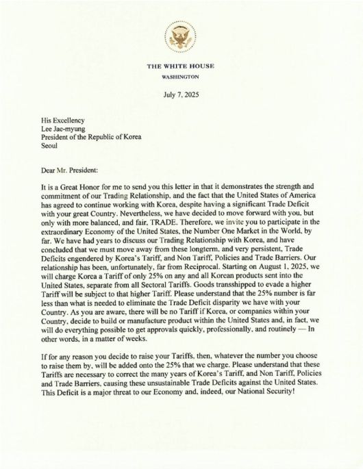 도널드 트럼프 미국 대통령이 한국에 보낸 무역 서한. [트루스소셜 캡처]