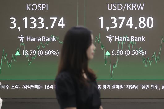 코스피가 9일 사흘째 올라 3130대에서 장을 마치며 연고점을 경신했다. 이날 코스피는 전장보다 18.79포인트(0.60%) 오른 3133.74에 장을 마치며 지난 3일 기록한 종가 기준 연고점(3116.27)을 재차 넘어섰다. 이날 장을 마감한 서울 중구 하나은행 본점 딜링룸에 코스피, 코스닥지수 및 환율이 표시돼 있다. [연합]