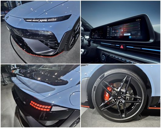 아이오닉 6 N 헤드라이트(왼쪽 위부터 시계방향), 계기판과 인포테인먼트 시스템이 연결된 통합형 디스플레이, 대구경 20인치 단조 휠과 피렐리사와 함께 개발한 275/35R20 사이즈의 전용 광폭 타이어, 대형 리어 윙 스포일러. 서재근 기자