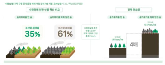숲가꾸기를 실시할 경우 산불 전이 위험성이 현저히 낮아짐(산림과학원).