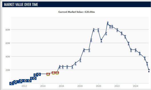 전세계 선수의 가치를 평가하는 트랜스퍼마르크트는 최근 손흥민의 몸값을 2000만 유로(약 321억원)로 매겼다. 손흥민의 몸값은 2020년 12월 9000만 유로로 정점을 찍었다. [트랜스퍼마르크트 홈페이지]