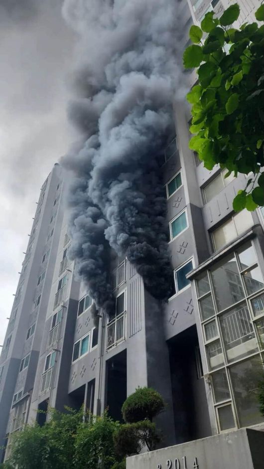 13일 낮 12시 22분께 부산 북구 만덕동 한 아파트에서 불이 났다는 신고가 접수됐다. 소방당국은 낮 12시 42분께 대응 1단계를 발령하고 화재진압과 인명구조 작업을 펼치고 있다. 사진은 이날 화재가 발생한 부산 북구 만덕동 한 아파트.  [연합뉴스]
