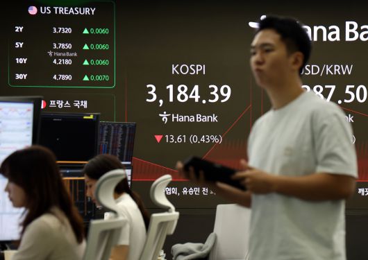 코스피가 하락 출발한 6일 서울 하나은행 본점 딜링룸에서 딜러들이 업무를 보고 있다. [연합]