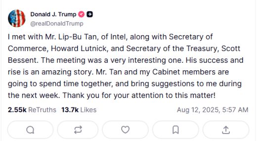 11일(현지시간) 도널드 트럼프 미국 대통령이 사회연결망서비스()SNS) 트루스소셜에서 립부 탄 인텔 최고경영자(CEO)를 언급한 모습 [트루스소셜 캡처]