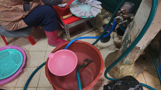 지난 2일 강릉 중앙시장에서 해산물을 파는 이모(70) 씨는 가뭄 재난사태로 큰 대야에 물을 받아놓고 바가지로 조금씩 떠가며 생선을 씻는다고 했다. 안효정 기자.