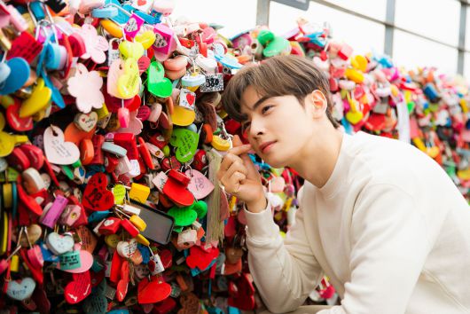 ‘케데헌’ 배경지 N서울타워 사랑의 자물통. 차은우는 최근 입대 전 사자보이스 진우의 커버댄스를 선보여 화제가 됐다.[서울관광재단 제공]