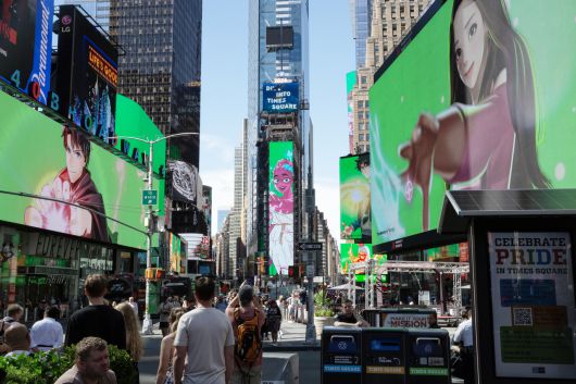 지난해 6월 27일 나스닥 상장을 기념해 진행한 웹툰 엔터테인먼트 뉴욕 타임스퀘어 이벤트 모습. [네이버웹툰 제공]