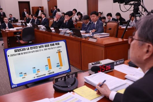 조현 외교부 장관이 13일 서울 여의도 국회에서 열린 외교통일위원회 국정감사에서 캄보디아 내 한국인 범죄 피해와 관련해 더불어민주당 윤후덕 의원의 질의를 받고 있다. [연합]