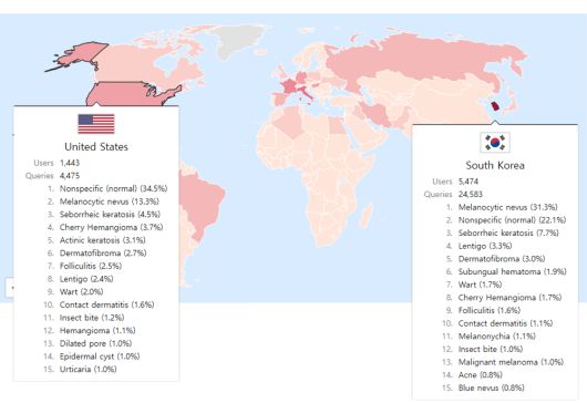 stat.modelderm.com을 통해 공개되는 실시간 피부질환 세계 지도