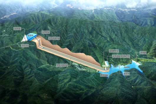 봉화군 소천면 두음리에 하부지가, 남회룡리 장군봉 일원에  상부지가  들어설 봉화 양수발전소 조감도[봉화군 제공]