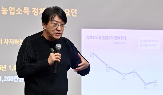 민승규 전 농림축산식품부 차관이 28일 오후 경기도 고양시 킨텍스에서 열린 2025 한국농업 미래혁신포럼에서 ‘한국 쌀의 어제와 오늘, 내일’을 주제로 기조강연을 하고 있다. 고양=임세준 기자