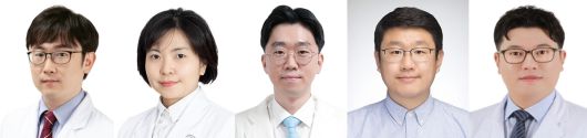 (좌측부터) 한림대학교성심병원 신경과 이민우 교수, 정영희 교수, 분당서울대병원 신경과 김종욱 교수, 숭실대학교 정보통계보험수리학과 한경도 교수, 한림대학교동탄성심병원 순환기내과 천대영 교수>