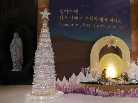 가톨릭대학교 서울성모병원의 친환경 재활용품 크리스마스트리와 구유 장식.[서울성모병원 제공]