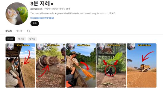 카프윙이 한국의 AI 슬롭 유통 채널로 지목한 유튜브 채널 ‘3분 지혜’ [유튜브 캡처]