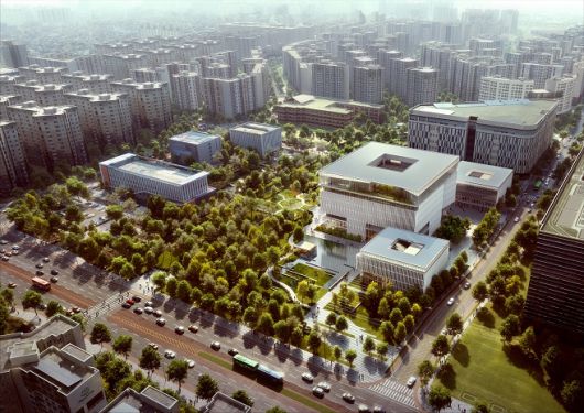 강서구 신청사  조감도. 중앙에는 네모난 모양의 건물들이 숲과 함께 어우러져 있고, 주변은 아파트 단지로 둘러싸여 있다.