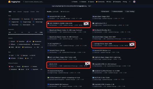 클렘 들랑그 허깅페이스 공동창업자 겸 최고경영자(CEO)가 지난 8일 공개한 허깅페이스 트렌딩 모델 순위 [링크드인 캡처]